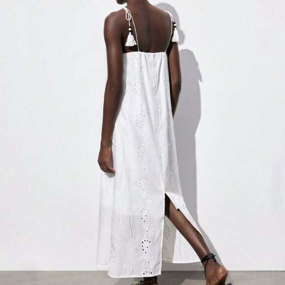 White Casual Women's Cotton Embroidered Long Spaghetti Strap Tassel Beach Dress - Picture 2 of 7